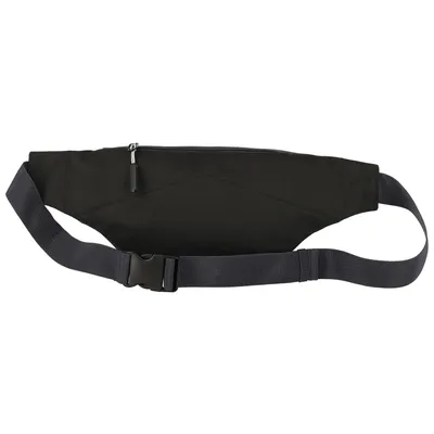 A black fanny pack with a gray strap is shown against a white background.