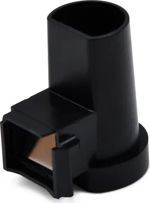A black plastic part of a coffee machine, likely a filter holder or spout.