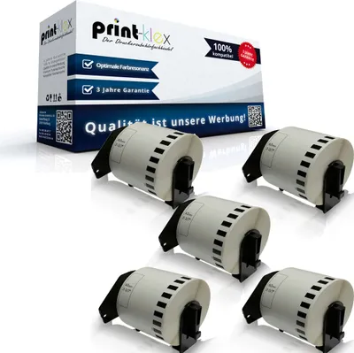 Produktbild von Print-Klex 5x kompatible Etiketten-Rollen kompatibel mit Brother DK-22205 62mm x 30,48m PTouch QL 560 VP PTouch QL 560 YX PTouch QL 570 PTouch QL 580 PTouch QL 580 N PTouch QL 650 TD PTouch QL 700 PTouch QL 710 W PTouch QL 720 NW Label 62mm x 30,48 m DK22205 Trägerspule