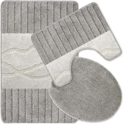Produktbild von Badteppich Set 3-TLG. Grau - rutschfest & Weich, Badematte für Badezimmer Teppich 50x80 cm & 50x40 cm - Ideal für Fußbodenheizung