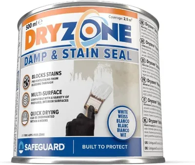 Produktbild von Dryzone Feuchtigkeits und Flecken Blocker - Isolierweiß (500 ml) - Fleckenblocker, Isoliergrund, hochdeckende Wandfarbe für Zement, Stein, Mörtel