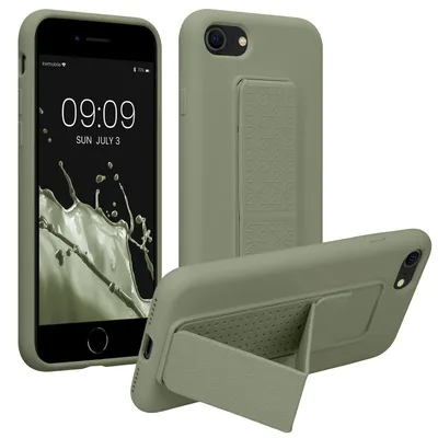 Produktbild von kwmobile Handyhülle für Apple iPhone SE (2022) / SE (2020) / 8 / 7 Hülle - TPU Silikon Case mit Fingerhalter und Stand - Schutzhülle Cover in Graugrün