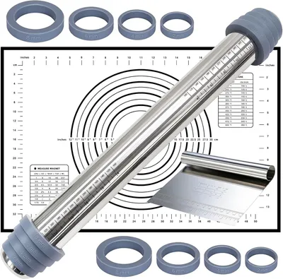 Immagine prodotto di Matterello in acciaio inossidabile, 42 cm, con 4 diverse dimensioni di anelli, rivestimento antiaderente, ideale per la preparazione di dolci