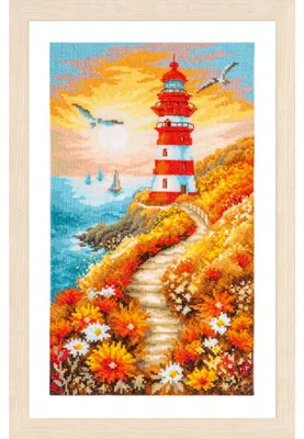 Produktbild von Kreuzstich-Set von Lanarte, "Haus und Garten: Der blühende Pfad des Leuchtturms (Aida)", 20 x 36 cm