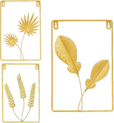 Productafbeelding van Gouden Bladeren Decoratie - Muurkunst Set - Woonkamer Verfraaien - Handgemaakt Metaal - 3 Delig - Goud