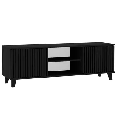 Obrázek produktu pro BEAUTYSOFA | TV skříň HOME Moderní nízká skříň v černé barvě, televizní stolek se 2 dvířky s lamelami a otevřenými policemi, Push-to-Open