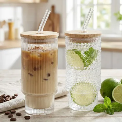 Produktbild von 2er Set Trinkglas Deckel Strohhalm 250ml Bambusdeckel Trinkbecher Vintage Glas Sommerglas Glasbecher