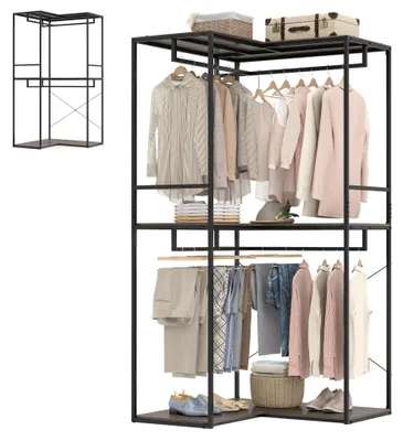 Produktbild von KOMFOTTEU Eck Kleiderständer mit 3 Ablagen & 2 Kleiderstangen, L-förmiger Garderobenständer mit Metallrahmen & Kippsicherung, Standgarderobe für Flur, Schlafzimmer & Wohnzimmer, 100x100x200 cm
