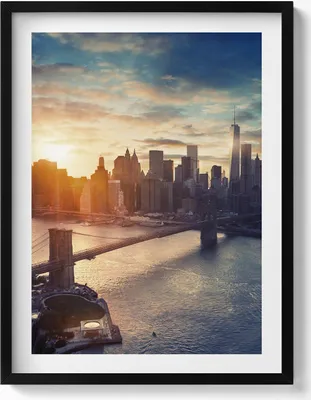 Produktbild von New York Manhattan und Sonnenuntergang– Wandbild mit Rahmen – Gerahmtes Bild  – Wanddekoration – 60x80 cm –  Schwarz Rahmen