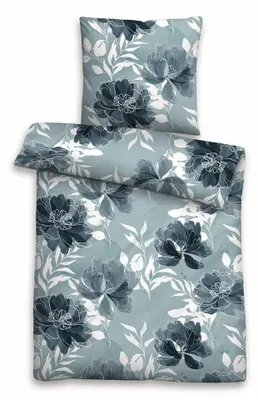 Produktbild von Biber Bettwäsche 155x220cm 2-teilig Set Blau Weiß Blumen mit Reißverschluss