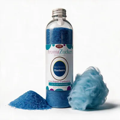 Zdjęcie produktu dla Cukier do waty cukrowej o smaku jagodowym, 230 g, bez AZO, butelka plastikowa
