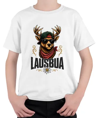 Immagine prodotto di Jausenbua Hirsch Alpen Bayern: Abbigliamento tradizionale bavarese, ideale per bambini. Pantaloni di pelle, maglietta, colore bianco, taglia 152