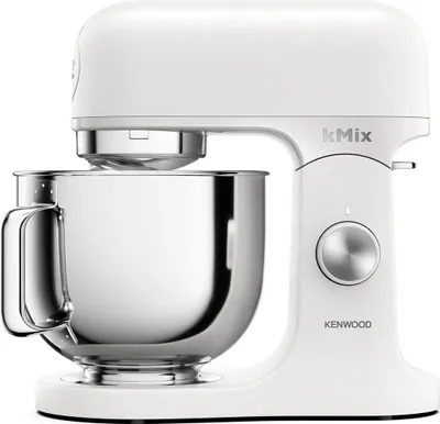 A white Kenwood kMix stand mixer is shown against a white background.