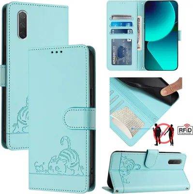 Produktbild von Leder Hülle für Xiaomi CC9e/Mi A3 Süße Katze Flip Case Brieftasche Schutzhülle mit Standfunktion hellgrün