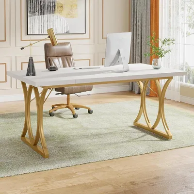 Image de Bureau moderne avec cadre en métal doré - Bureau informatique - Table d'ordinateur - Bureau - Blanc et or