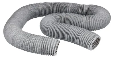 A flexible, grey dryer vent hose is coiled on a white background.