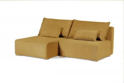 Produktbild von 210 cm Ecksofa mit Holzbeine FLUFFY mit Relaxfunktion, mit Bettkasten, L-Form Polsterecke (Stoff: poso 01 - senfgleb, Ottomane: links)