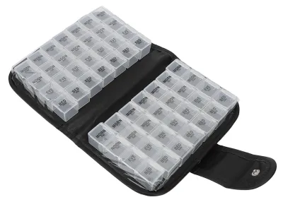 Immagine prodotto di Contenitore per pillole - 56 scomparti - Scatola per farmaci - Contenitore mensile per pillole - Organizzatore per medicinali, compresse, vitamine, integratori di pesce, dosaggio