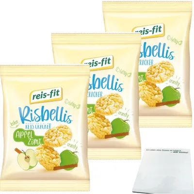 Three bags of Reis-Fit Risbellis Apple Cinnamon rice crackers are shown in a studio shot against a white background. A small white paper slip is in the bottom right corner.