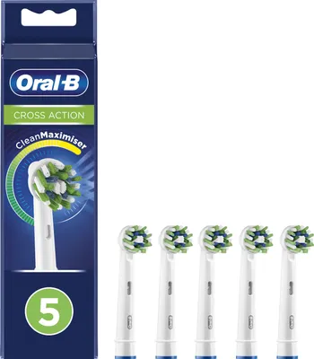 A product box for Oral-B toothbrush heads, with individual toothbrush heads displayed next to it.