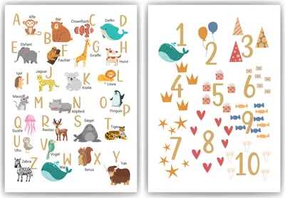 Produktbild von Kinderposter 2er Set Tiere ABC, Zahlen Lernposter Kinderzimmer Wandbilder Einschulung Kindergarten Grundschule Alphabet Lernhilfe für Kinder – DIN A4 (21x29.7cm)