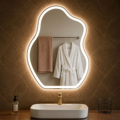 Zdjęcie produktu dla ZMH Lusterko łazienkowe Asymetryczne Lusterko łazienkowe LED 50x70 cm Lusterko ścienne Łazienka Przełącznik dotykowy Funkcja odmgławiania 3000K 6500K Lusterko z oświetleniem Regulacja jasności