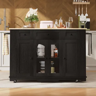Image de Sweiko Ilot de cuisine, cloisons amovibles, armoire de cuisine, chariot de salle à manger avec plan de travail, armoire buffet, chariot de salle à manger avec veines de bois, armoire buffet, armoire en verre trempé, noir