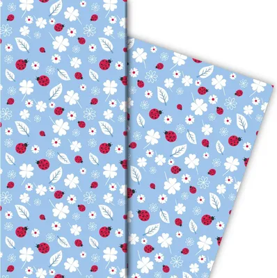 Produktbild von Glücks bringendes Geschenkpapier mit Marienkäfern und Klee, hellblau - G8182, 32 x 48cm