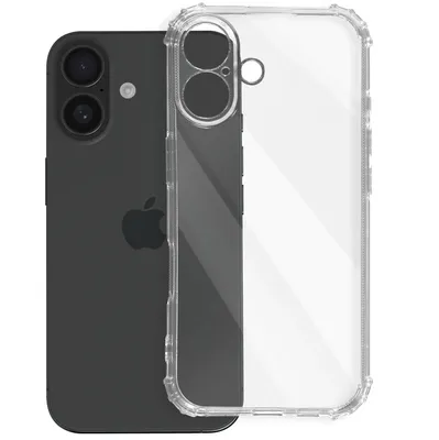 A clear phone case is shown next to a dark smartphone.