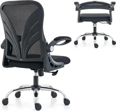 Produktbild von Ergonomischer Bürostuhl mit klappbarer Rückenlehne, Schreibtischstuhl mit 2D-Kopfstütze, klappbaren Armlehnen und Netz-Lendenwirbelstütze, Drehstuhl