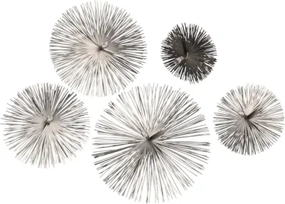 Five metallic, starburst-shaped decorative objects are arranged against a white background.