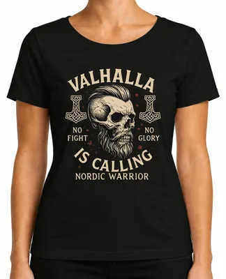 Productafbeelding van Valhalla roept. Vikingenstrijder. Hersken. Runenhamer. Noordse dames T-shirt, zwart, maat 3XL