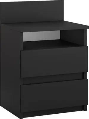 A black bedside table with two drawers and an open shelf.
