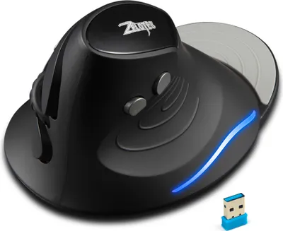 A black vertical mouse with a blue LED light strip and a USB receiver.