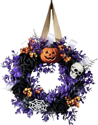 Produktbild von Halloween-Kranz, Girlande mit Horrorköpfen und Kürbissen für Tür und Wand