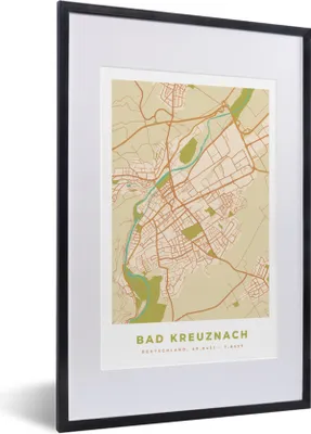 Produktbild von MuchoWow® Gerahmtes Poster Karte - Vintage - Stadtplan - Bad Kreuznach - Karte 40x60 cm - Poster mit Schwarzem Bilderrahmen Wandposter Rahmen Foto Bilder - Poster in Rahmen