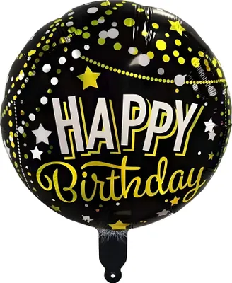 Immagine prodotto di Palloncino in foil Happy Birthday rotondo 45 cm, Happy nero oro argento