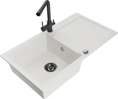 Produktbild von Mexen Leo 1 Becken-Granitspüle mit Abtropffläche und Mischbatterie Duero, Weiß - 6501-20-671600-70