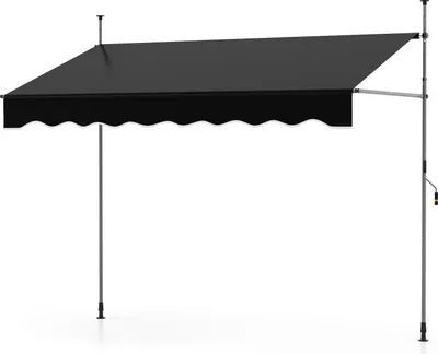 A black awning with a scalloped edge is supported by gray poles against a white background.