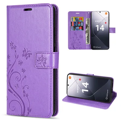 Produktbild von Hülle Xiaomi 14 Handy Tasche Handyhülle Wallet Case Flip Cover Blumen Klapphülle Lila