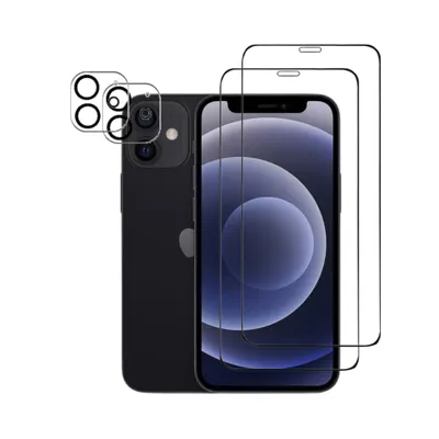 A black iPhone 12 Mini with two screen protectors and a camera lens protector shown.