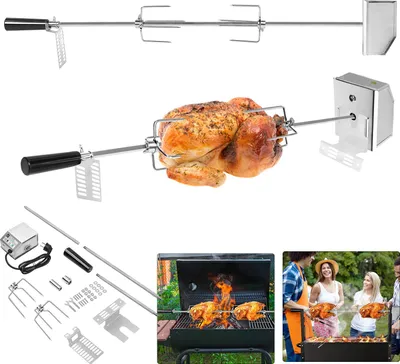 Obrázek produktu pro XINZI Elektrický grilovací špíz - se 2 vidličkami na maso, motor z nerezové oceli, 107 cm, včetně grilovacích svorek na maso, pro grily a plynové grily, příslušenství ke grilování