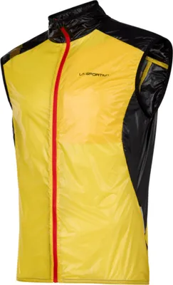 Gelbe Windbreaker-Weste für Herren von La Sportiva mit schwarzem Rücken und rotem Reißverschluss.