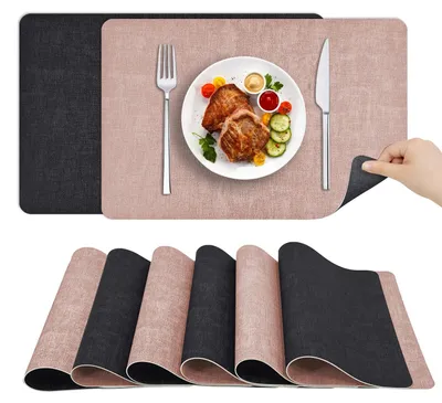Platzset-Set 6er, PU-Kunstleder, doppelseitig, 43x30 cm, hellrosa/grau