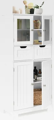 Produktbild von Badezimmerschrank, Badschrank mit 2 Schubladen, 4 Türen & verstellbaren Ablagen, 60 x 30 x 128cm, Aufbewahrungsschrank für Küche, Badezimmer & Wohnzimmer (Weiß)
