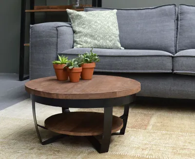 Produktbild von DESIGN Couchtisch Mangoholz Mango Holz Metall Mark rund Beistelltisch 65 cm x 33 cm