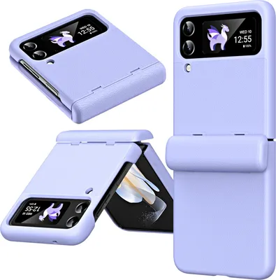 A collage of a purple flip phone case for a Samsung Galaxy Z Flip 4 5G, shown from different angles.