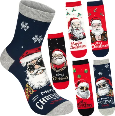 Immagine prodotto di BRUBAKER 5 paia di calze natalizie - Babbo Natale cool con catena d'oro, occhiali da sole e giacca di pelle - Calze natalizie divertenti da uomo, taglia 41-45
