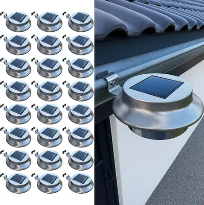 BURI Solar Edelstahl Dachrinnenleuchten 24er Set Außenleuchte LED Warmweiß Solarleuchten wetterfest IP44 Gartenbeleuchtung kabellos mit Dämmerungssensor