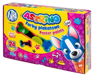 The image shows the packaging of poster paints for children, featuring a cartoon dog character.